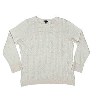 Talbots Cable Knit Crew Sweater 1X Ivory Button Cuff Speckled Fisherman Pullover